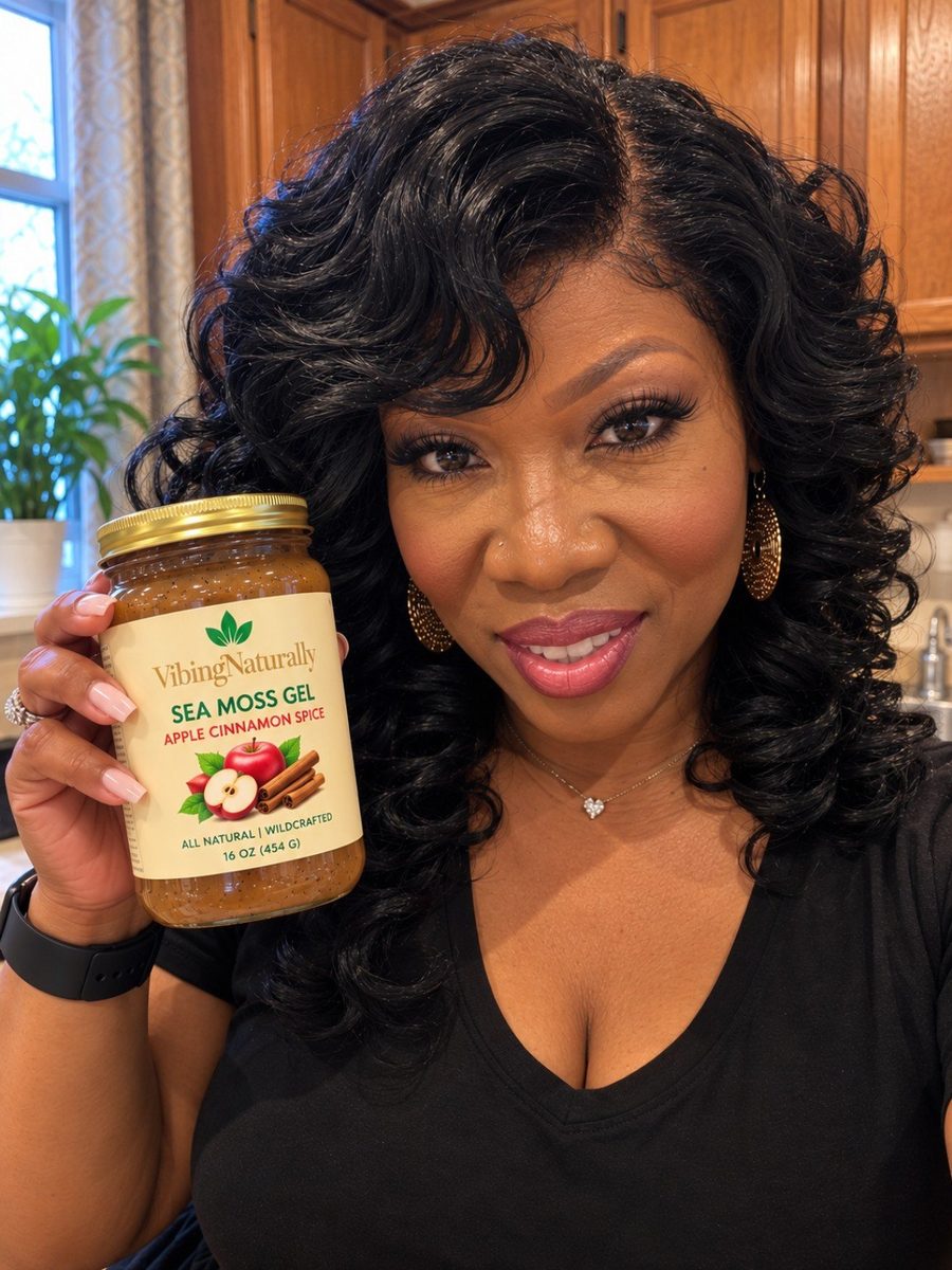 Kim, founder of Vibing Naturally, smiling and holding a jar of Apple Cinnamon Spice sea moss gel